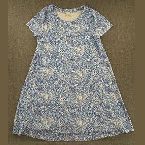 Talbots Shift Dress Soft comfort Round Neck‎ Short Sleeve Blue White Seashells S